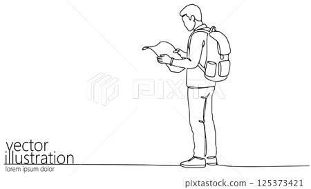 Line art man reading map. Person wears backpack, stands looking down. Travel blogs, tourism, exploration concepts. Minimalist style contour drawing white background vector illustration. Line art man reading map. Person wears backpack, stands looking down. Travel blogs, tourism, exploration concepts. Minimalist style contour drawing white background vector illustration. 125373421
