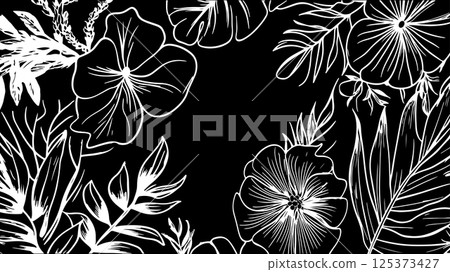 Floral arrangement white lines on black background. Leaves petals and blossoms fill frame. Wallpaper textile packaging design. Minimalist style high contrast top-down view monochrome color scheme Floral arrangement white lines on black background. Leaves petals and blossoms fill frame. Wallpaper textile packaging design. Minimalist style high contrast top-down view monochrome color scheme 125373427