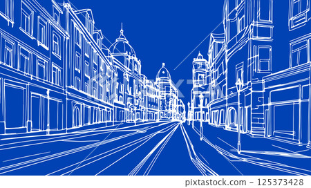 City street sketch illustration design. Buildings shops windows street lights shown. Architectural projects real estate tourism concepts works. White line drawing art perspective view 125373428