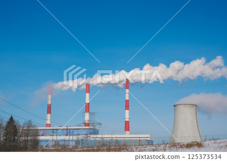 Electric power masts and cables, pylons. Electricity power station. Electric power masts and cables, pylons. Electricity power station. 125373534