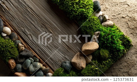 Moss, Pebbles, and Wood Surrounded by Sand and Shadows 125373631