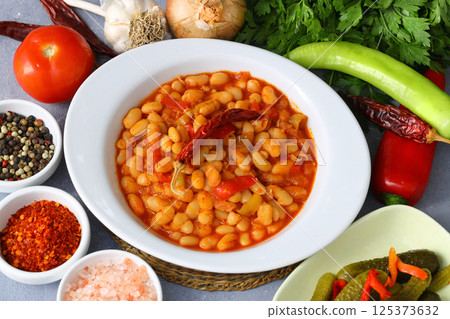 Traditional delicious Turkish foods; Dried bean (Kuru fasulye). 125373632
