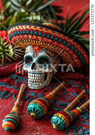 Colorful Day of the Dead skull with sombrero and maracas on red backdrop 125373776