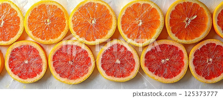 Fresh grapefruit slices with berries and leaves on a white background Fresh grapefruit slices with berries and leaves on a white background 125373777