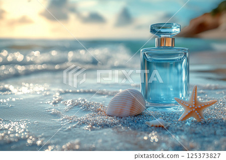 Modern perfume bottle adorned with water droplets and a subtle light reflection on summer beach background. 125373827