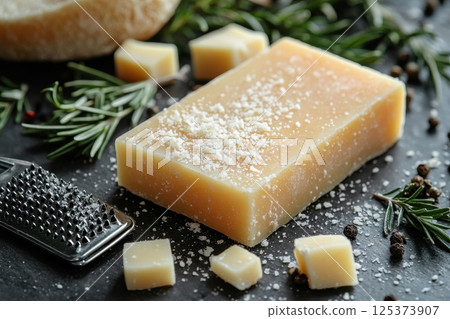 Parmesan cheese with fresh rosemary and grater on a dark background 125373907