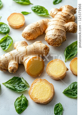 Fresh ginger roots and sliced ginger with green basil leaves on a gray surface 125373908
