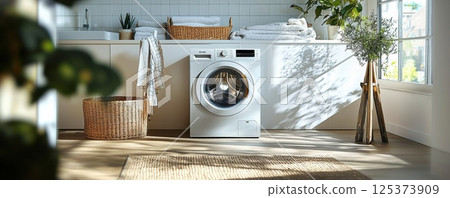 Modern washing machine in a sunlit minimalist laundry room 125373909