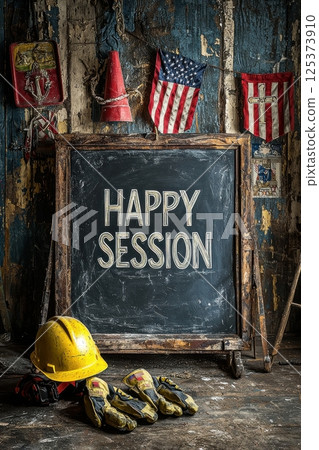 Patriotic and industrial setup with safety gloves, hard hat, and American flag 125373910