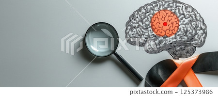 Magnifying glass inspecting brain illustration with awareness ribbon symbol Magnifying glass inspecting brain illustration with awareness ribbon symbol 125373986