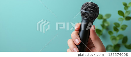Close-up of a hand holding a microphone against a blue background 125374008