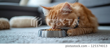 Ginger Cat Eating From a Bowl in a Cozy Modern Living Room 125374013