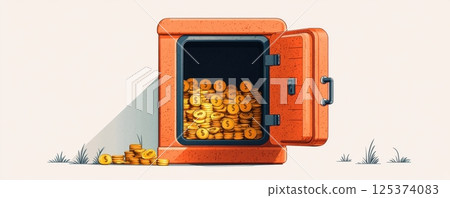 Open safe filled with gold coins in a clean modern interior setting 125374083