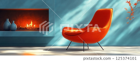 Mid-century modern interior design with cozy armchair and decorative fireplace 125374101