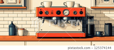 Modern red coffee maker with cup on a vintage orange background 125374144
