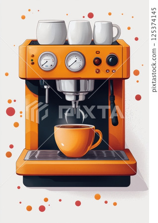 Elegant illustration of a coffee machine with cups and an orange background Elegant illustration of a coffee machine with cups and an orange background 125374145