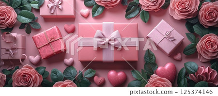 Heart-Shaped Dessert on Pink Background with Roses and Gift Boxes 125374146