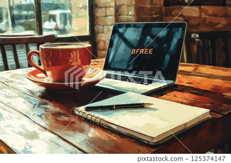 Artistic composition featuring coffee, notebook, and laptop for inspiration and creativity 125374147