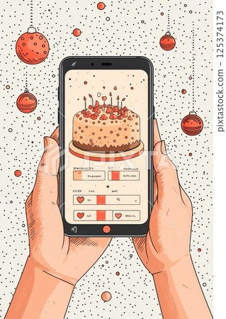 Hands holding smartphone displaying cake illustration during Christmas festivities 125374173