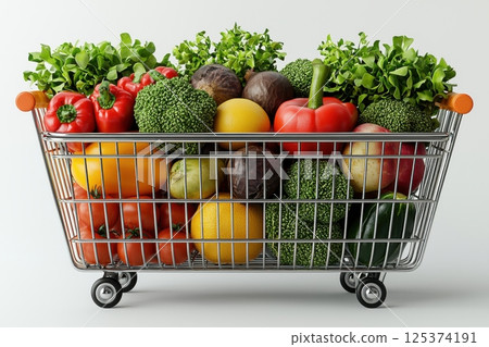 Shopping cart filled with fresh vegetables and fruits for a healthy diet 125374191
