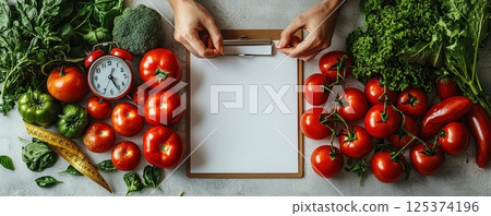 Healthy meal planning concept with fresh vegetables and a blank clipboard 125374196