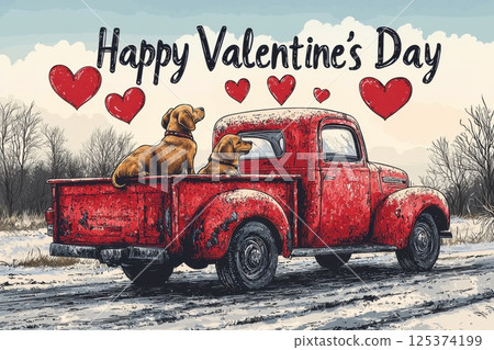 Vintage truck with Valentine's decorations and a dog in the snow 125374199