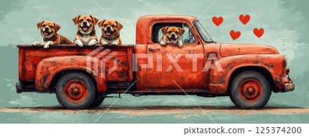 Rustic vintage truck carrying cheerful dogs with heart decorations 125374200