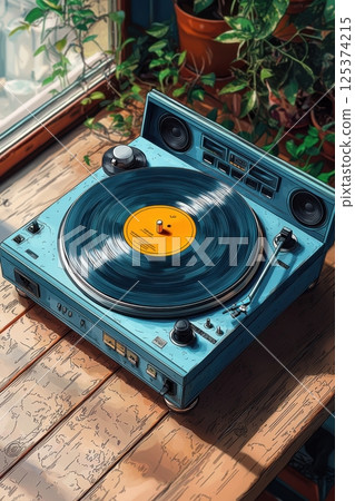 Stylish retro record player with a vinyl disc on a green background 125374215