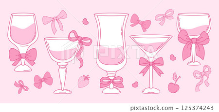 Vintage Coquette Pink drinks and cocktails. Isolated Aesthetic glasses with ribbon bow with berries. Romantic Girly Vibe. Trendy art for bachelorette party and wedding invitations. Vector illustration 125374243