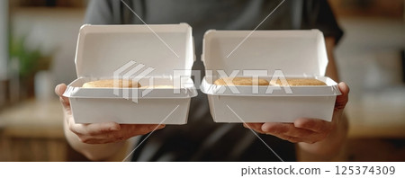 Person showing two open white food containers with baked goods inside 125374309
