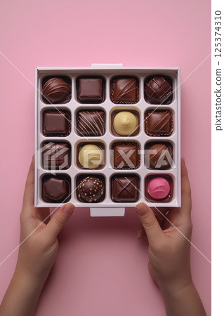 Person holding box of assorted chocolates with pink background 125374310
