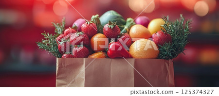 Paper bag filled with fresh fruits, vegetables, and herbs on a vibrant background 125374327