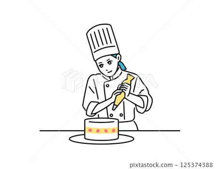 女廚師將奶油擠到蛋糕上 125374388