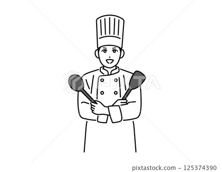 一位男廚師雙手拿著炊具 125374390