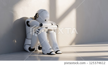 Sad Robot Sitting Alone in a Bright Open Room 125374612