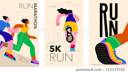 Abstract runners figures. Colorful illustration of group of people, men and women, running marathon 125374704