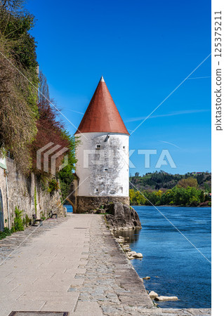 Schaiblingsturm at Innkai in Passau, Germany. Formerly a defensive tower, it was later used as salt storage 125375211