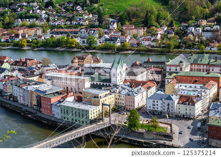 Confluence of rivers Inn, Danube and Ilz in Passau, Bavaria, Germany. The City of Three Rivers Confluence of rivers Inn, Danube and Ilz in Passau, Bavaria, Germany. The City of Three Rivers 125375214