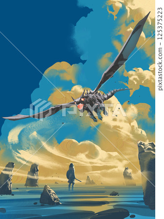 Warrior Confronts Dragon in Blue Desert Warrior Confronts Dragon in Blue Desert 125375223
