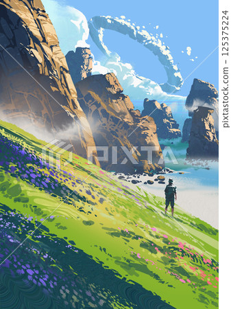 Traveler Stands by Coastal Cliffs and Flower Fields 125375224
