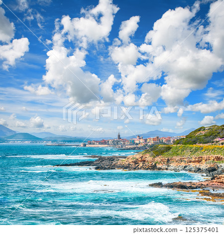 Astonishing spring cityscape of Alghero town at morning. 125375401