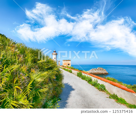 Scenic sunny day over Capo Zafferano Lighthouse Scenic sunny day over Capo Zafferano Lighthouse 125375416
