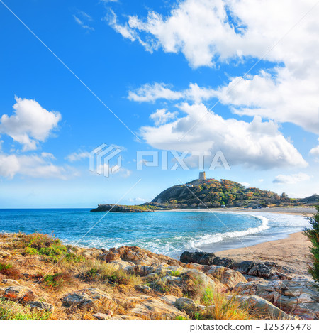 Astonishing View of beautiful Chia bay and wonderful beach with Torre di Chia tower. 125375478