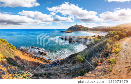 Astonishing View of beautiful Chia bay and wonderful beach with Torre di Chia tower. 125375479