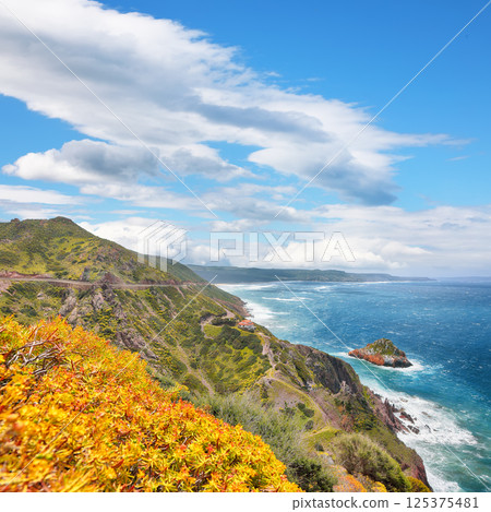 Attractive spring view of Nebida and Fontanamare coastline with Scoglio il Morto and turquoise sea. Attractive spring view of Nebida and Fontanamare coastline with Scoglio il Morto and turquoise sea. 125375481