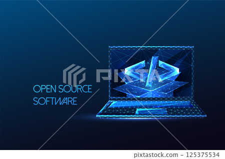 Open source software and coding concept with glowing laptop and code symbol, vector illustration 125375534
