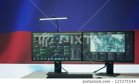 Military drone control outpost spreading misinformation for russian government, presenting the russian flag on big screen. Command post for the armed forces working on propaganda. Camera B. 125375544