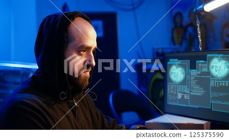 Hacker hiding in underground bunker excited after developing zero day exploit undetectable by antivirus. Malicious man successfully tricks firewalls, celebrating accomplishment, camera A close up Hacker hiding in underground bunker excited after developing zero day exploit undetectable by antivirus. Malicious man successfully tricks firewalls, celebrating accomplishment, camera A close up 125375590
