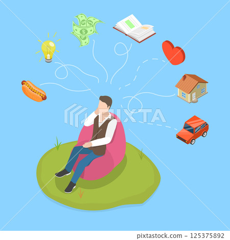 3D Isometric Flat Vector Illustration of Dreaming, Man is Daydreaming About a Bunch of Things 125375892