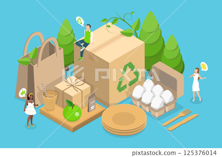 3D Isometric Flat Vector Illustration of Recyclable Sustainable Packaging, Biodegradable Materials 125376014